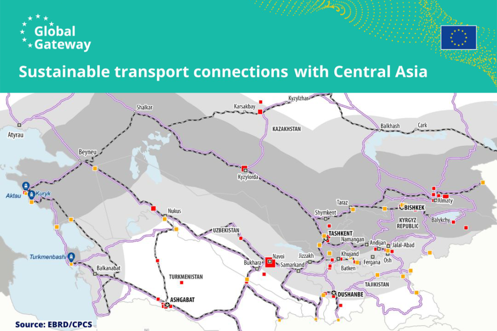 Una mappa indica la rete di trasporti tra Europa e le cinque repubbliche dell'Asia Centrale